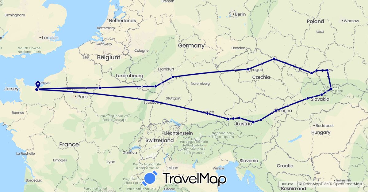 TravelMap itinerary: driving in Austria, Czech Republic, Germany, France, Poland, Slovakia (Europe)