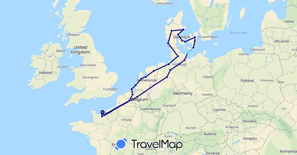 TravelMap itinerary: driving, boat in Belgium, Germany, Denmark, France, Netherlands (Europe)